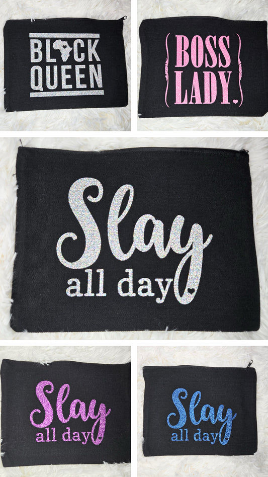 Glow & Go – Canvas Makeup Bag with Glitter Quote