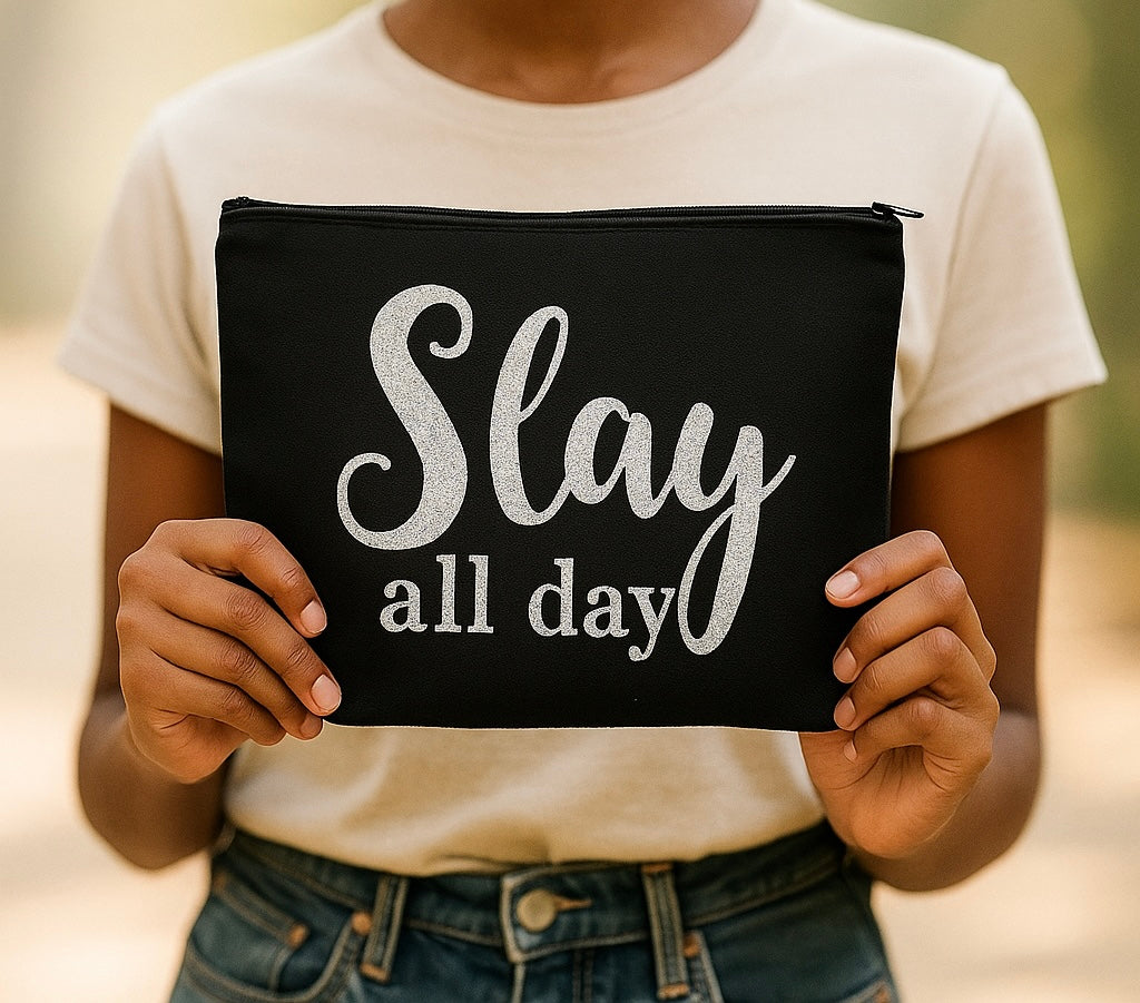 Glow & Go – Canvas Makeup Bag with Glitter Quote