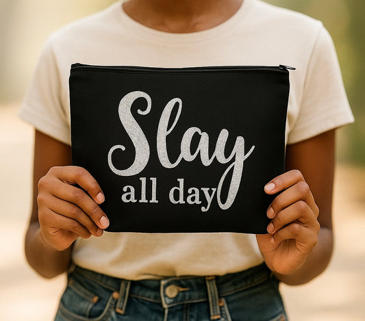 Glow & Go – Canvas Makeup Bag with Glitter Quote